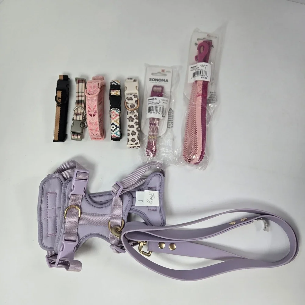 Sonoma Sport Pet Living Dog Collar Leash Harness Bundle S M Pink Purple Leopard